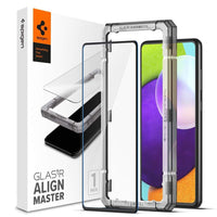 Galaxy A52 5G Screen Protector AlignMaster GLAS.tR Full Cover showing the packaging, screen protector and alignmaster tray